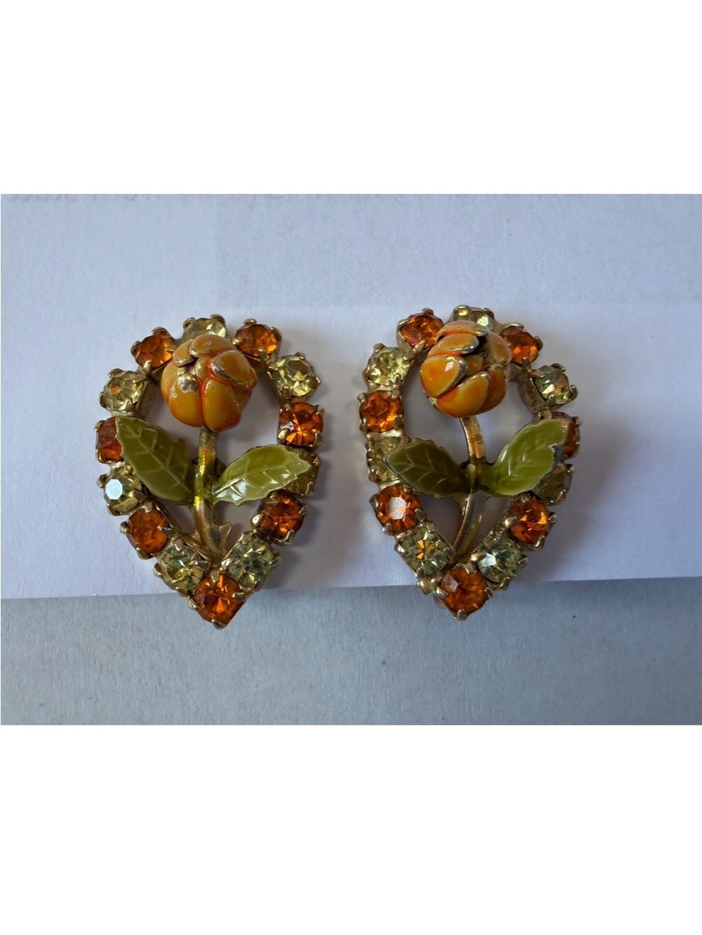 Vintage Orange Floral Rhinestone Clip-On Earrings